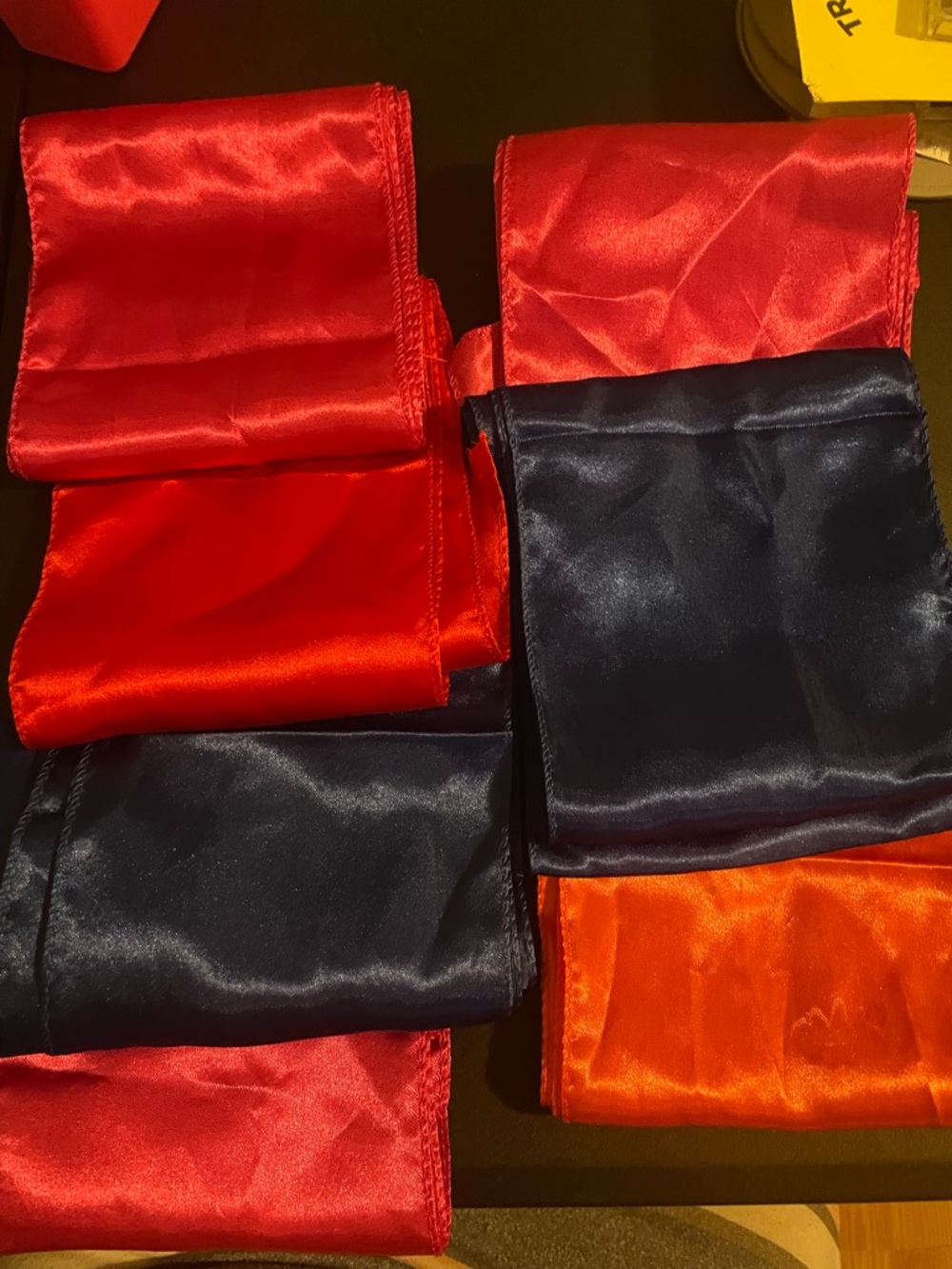C0035 Pack of 7 Satin Scarves or Fabric Pieces in Red, Blueand Pink